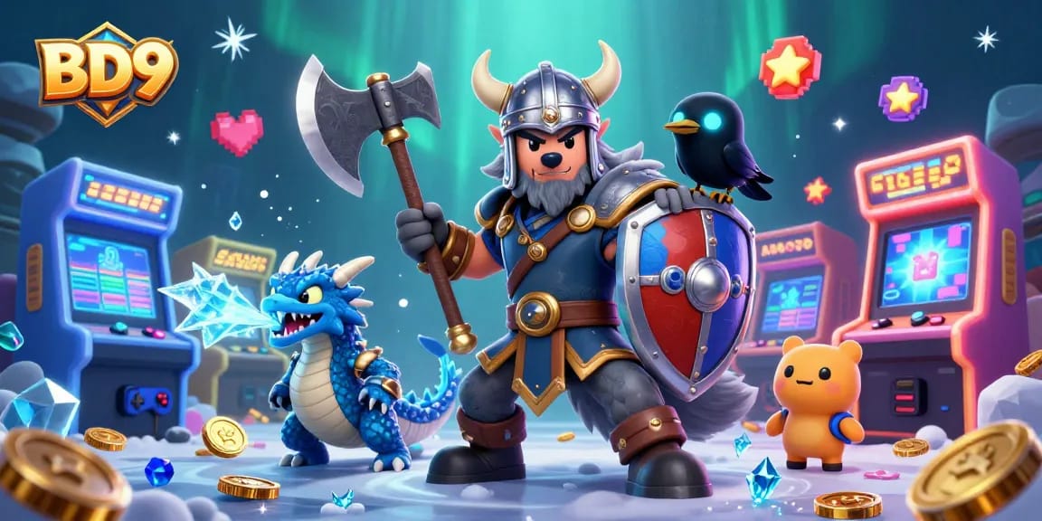 Experience BD9's thrilling gaming world with a Viking wolf warrior and dragon adventure.
