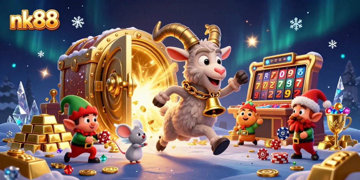 Engage with nk88 in a vibrant casino setting featuring Krampus, angel mouse, and mischievous elves.