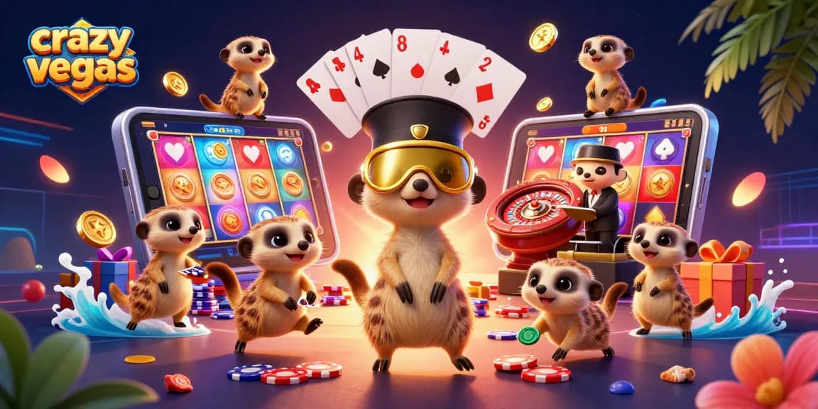 Experience excitement at crazyvegas with meerkat dealers and vibrant casino elements in an illustrated scene.