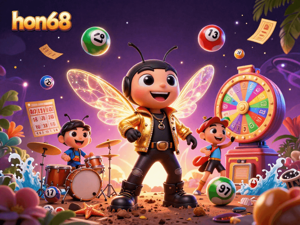 Engage in thrilling gaming action at hon68 with a vibrant 3D illustration of a cicada rock star and lively game elements.