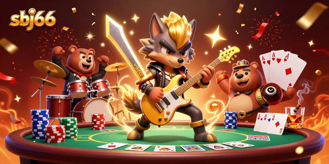 sbj66 showcases dynamic casino energy with rock star characters, poker elements, and vibrant lighting.