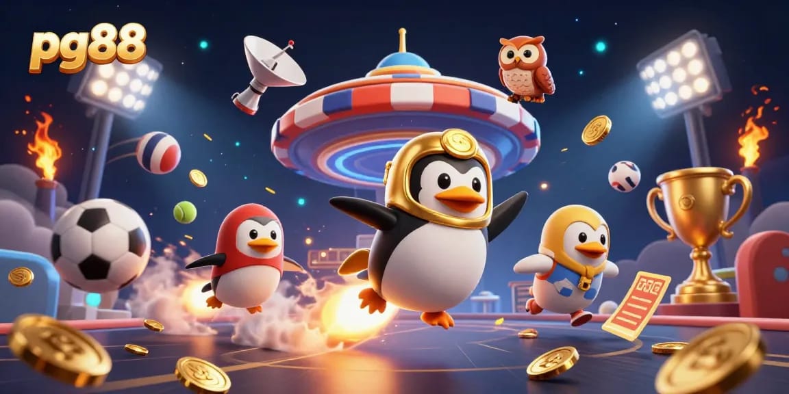 Experience the excitement of pg88 with a penguin rocket racing to a casino chip station in space.
