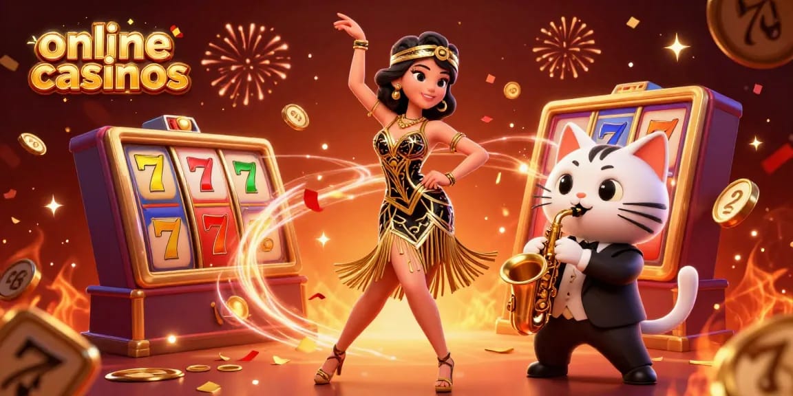 Experience vibrant online casinos with thrilling slot games, cheerful characters, and festive confetti.