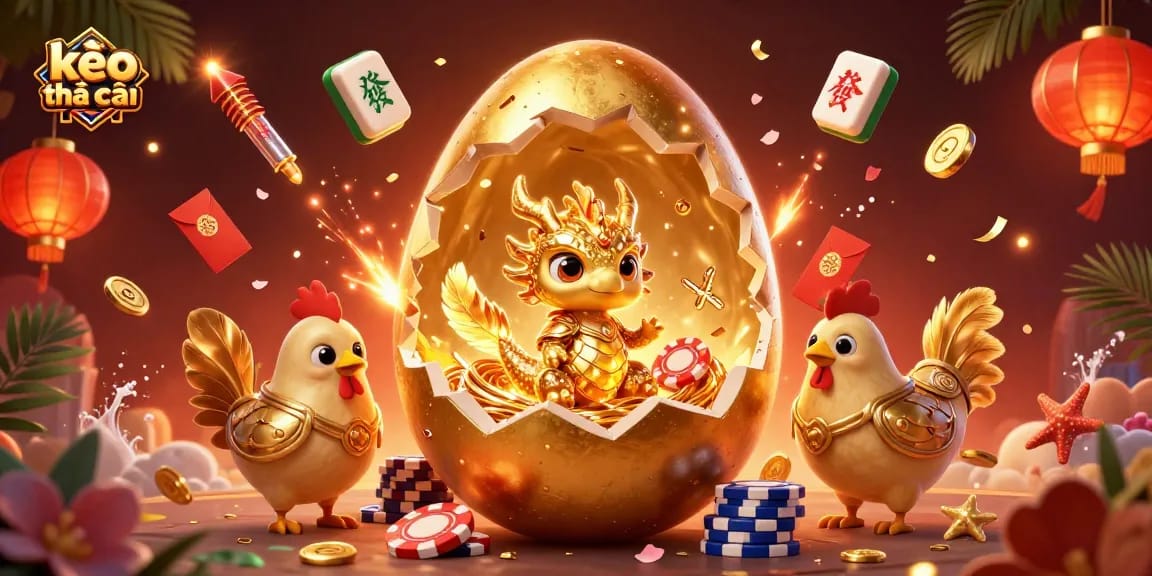Bet on kèo nhà cái with a dazzling 3D dragon, poker chips, and festive decorations.