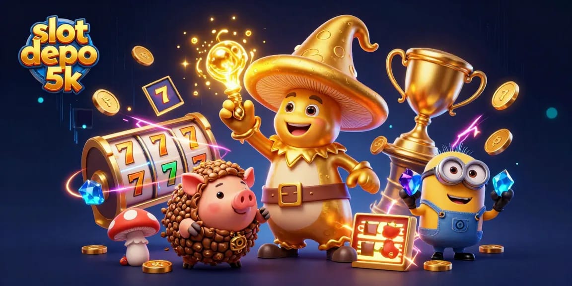 Spin to win with slot depo 5k featuring a magical golden mushroom wizard and treasure-filled gameplay.