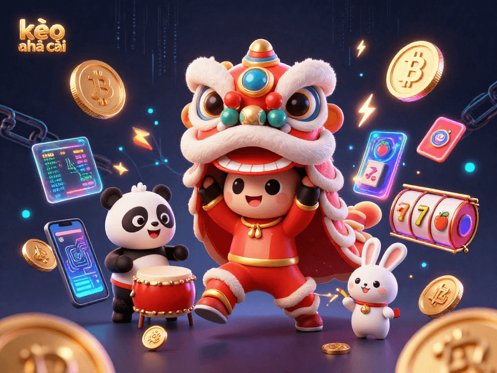 Engage in kèo nhà cái action with a vibrant 3D scene of a lion dance and crypto elements.