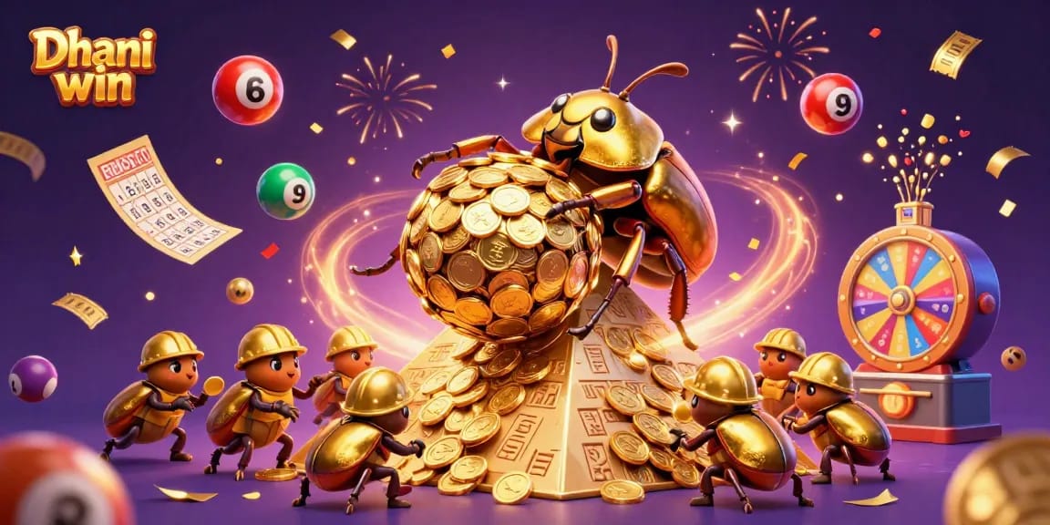 Dhani win offers thrilling gaming adventures with a dynamic illustration showcasing golden beetles and bouncing lottery balls.