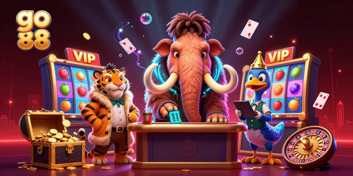 Win big with go 88 in this vibrant casino scene featuring charismatic characters and dynamic gameplay elements.