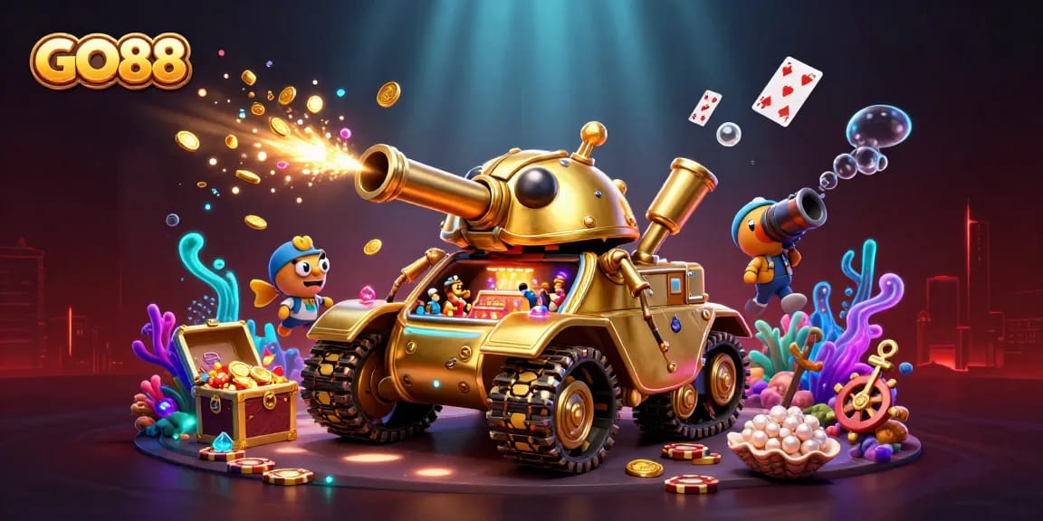 Experience the excitement of GO88's underwater casino adventure with golden elements and lavish treasures.