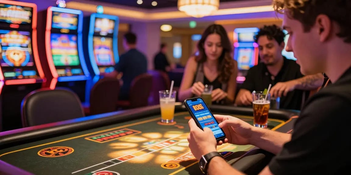 Exciting KO66 online gambling experience with smartphone and casino backdrop