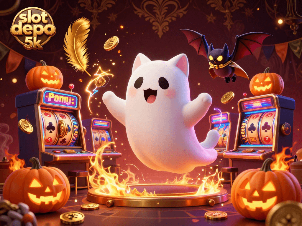 Experience excitement at slot depo 5k with an interactive ghostly cat and vibrant casino elements.