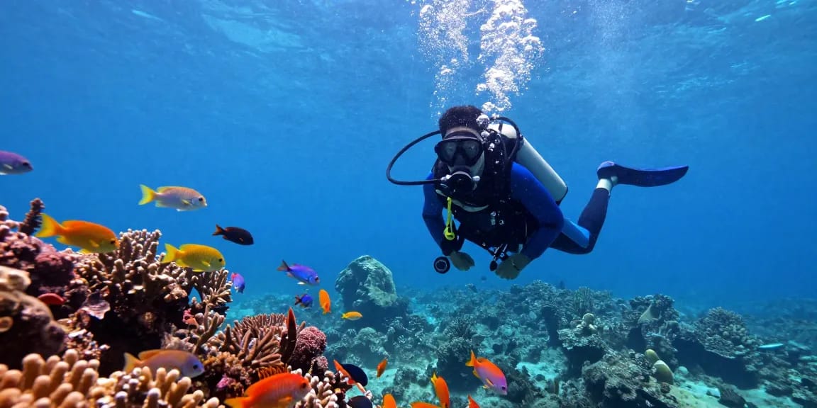 Momen terjun4d yang mengesankan saat penyelam menyelam di lautan biru dikelilingi ikan dan terumbu karang.