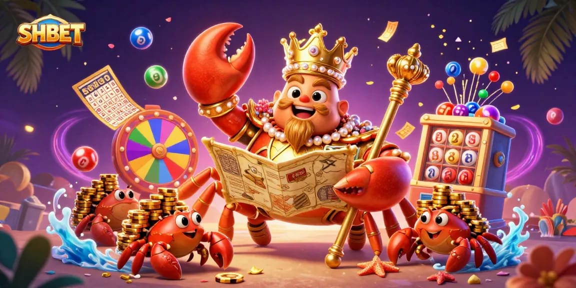 Experience thrilling gaming adventures at SHBET with vibrant lottery elements and a majestic crab emperor.
