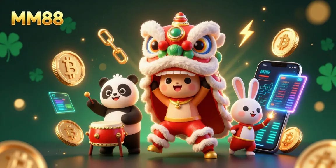 Win big with MM88 in an exciting casino scene featuring vibrant characters and crypto elements.