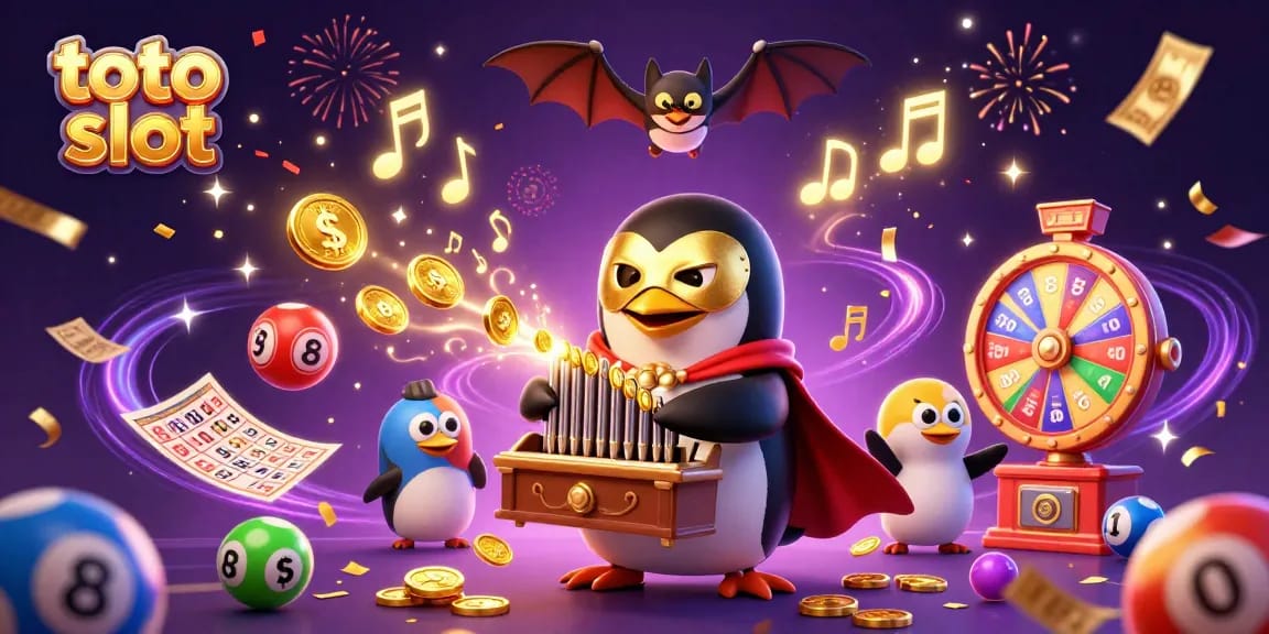 Enjoy thrilling toto slot action with a lively penguin organist and bouncing lottery balls in this vibrant casino scene.