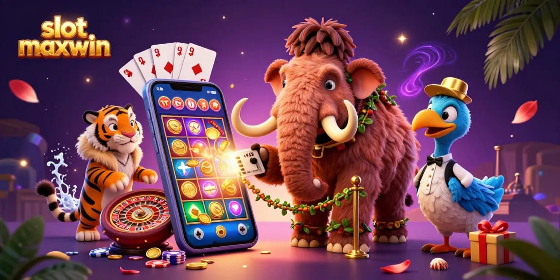 Experience thrilling wins with slot maxwin in a vibrant 3D casino scene featuring playful characters and exciting game elements.