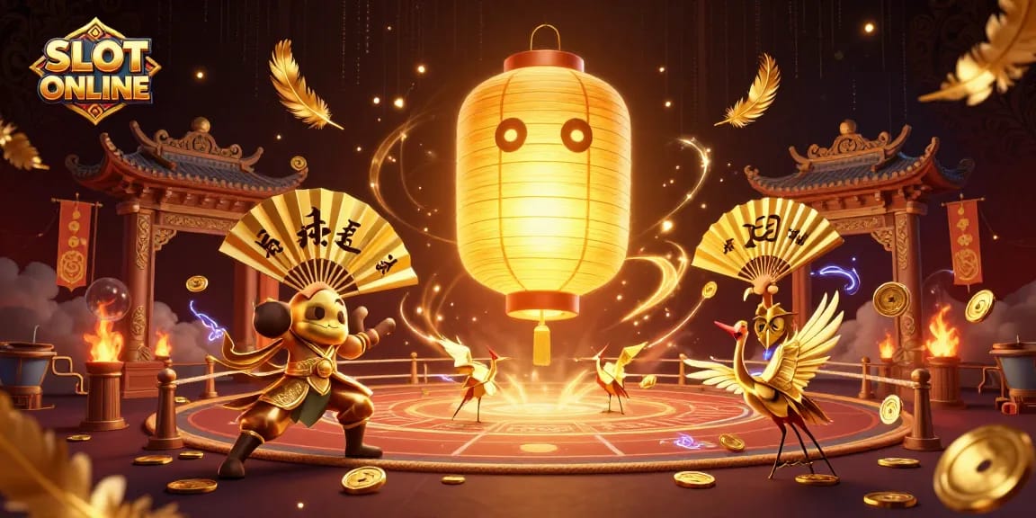 Permainan SLOT ONLINE yang menampilkan karakter 3D unik dalam suasana kasino berbazaan mewah di pasar malam.