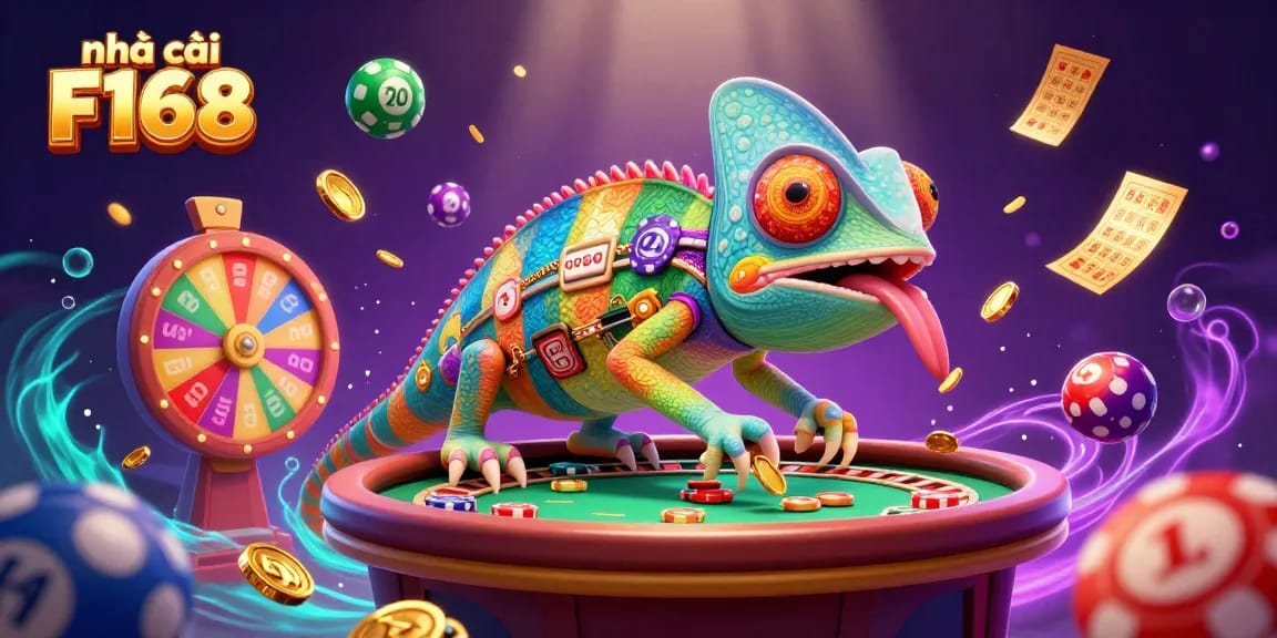 Engage with nhà cái F168 in this dynamic 3D casino scene featuring a chameleon casino owner capturing golden coins while surrounded by vibrant lottery elements.