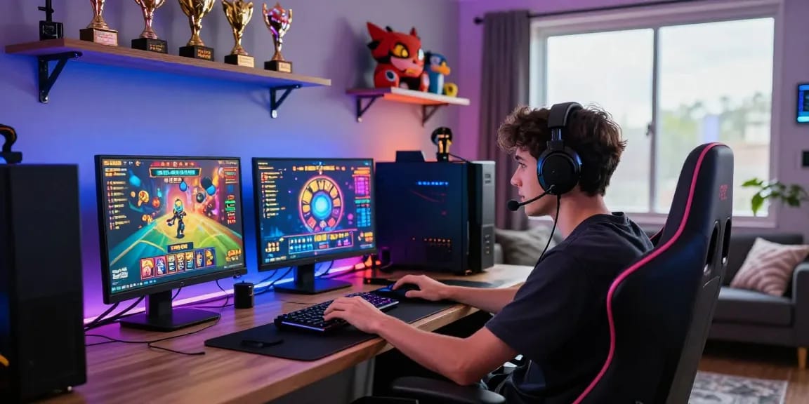Seorang pemain tanganemas menikmati permainan slot online dengan suasana gaming yang nyaman.