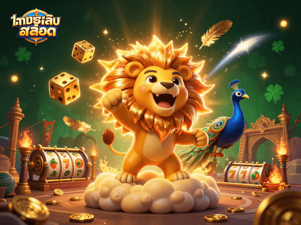 Experience ทดลองเล่นสล็อต with golden lion, vibrant casino elements, and dynamic decorations in 3D illustration.