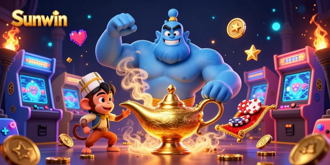 Join the excitement at Sunwin with a magical scene featuring a genie, monkey, and casino-themed elements in dynamic action.