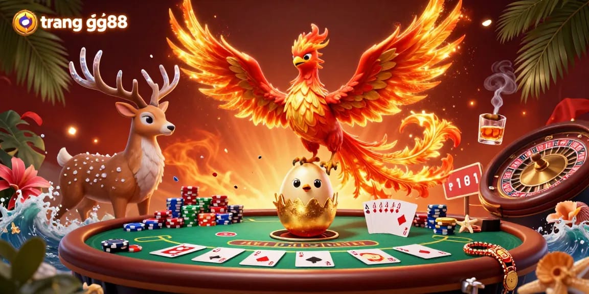 Experience the excitement at trang chủ gg88 with a vibrant illustration of a fire phoenix and casino elements, showcasing poker action.