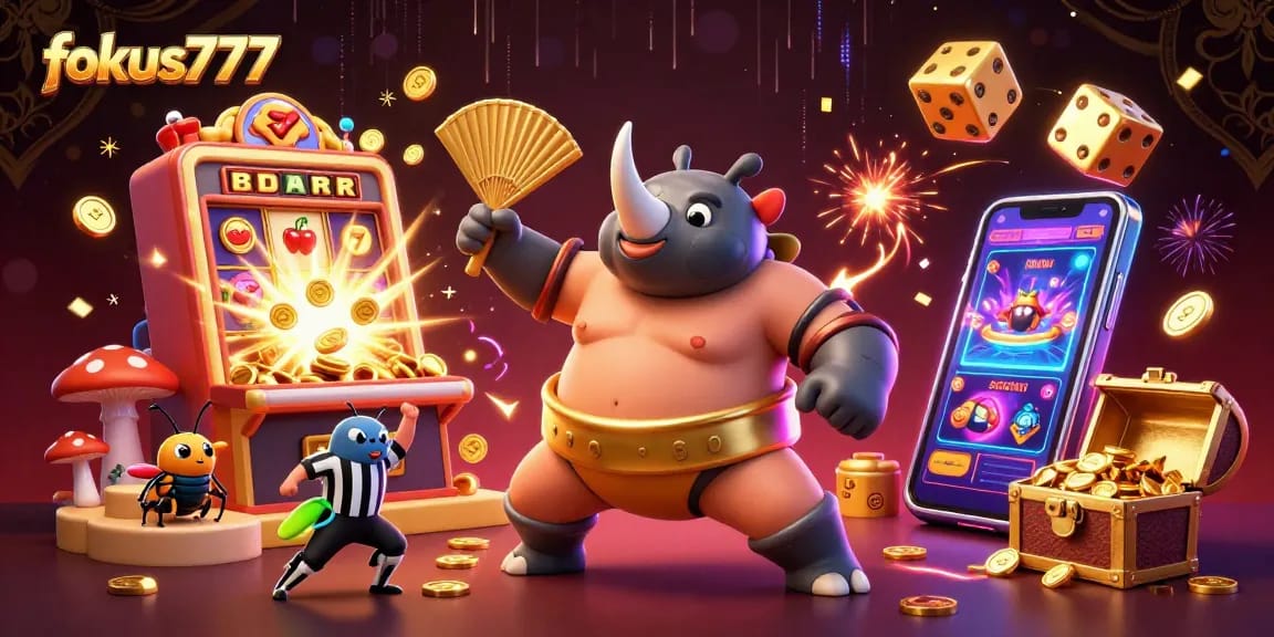 Experience the excitement of fokus777 with a vibrant beetle-themed casino illustration featuring dynamic jackpot elements.