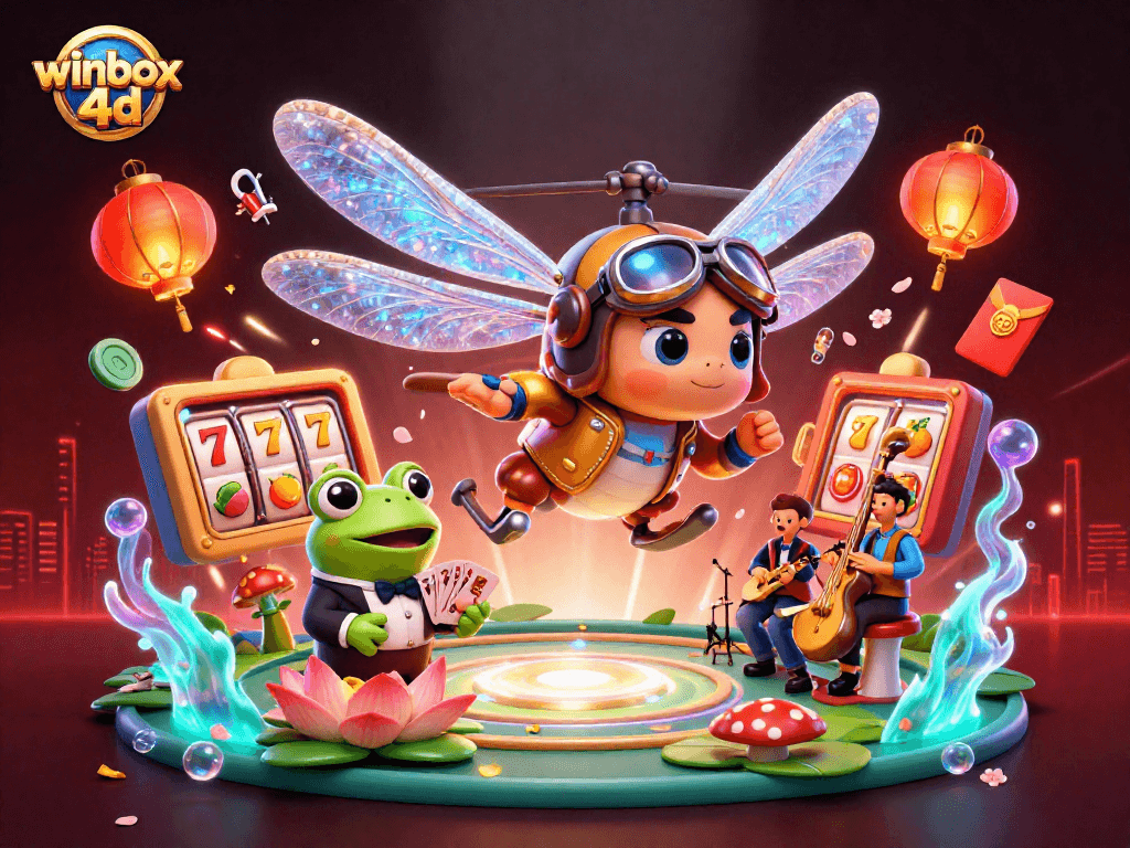 Experience the excitement of winbox 4d with colorful casino elements and characters in a lively setting.
