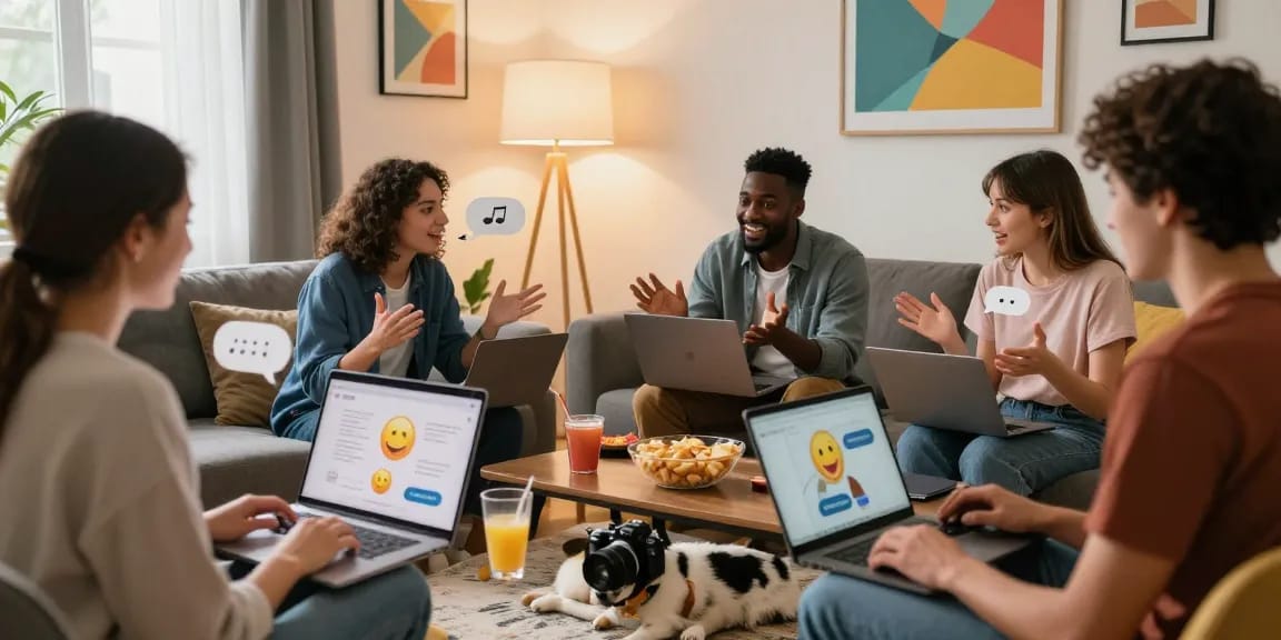 Friends engaging in شات فله online chat, vibrant living room with snacks, cozy atmosphere.