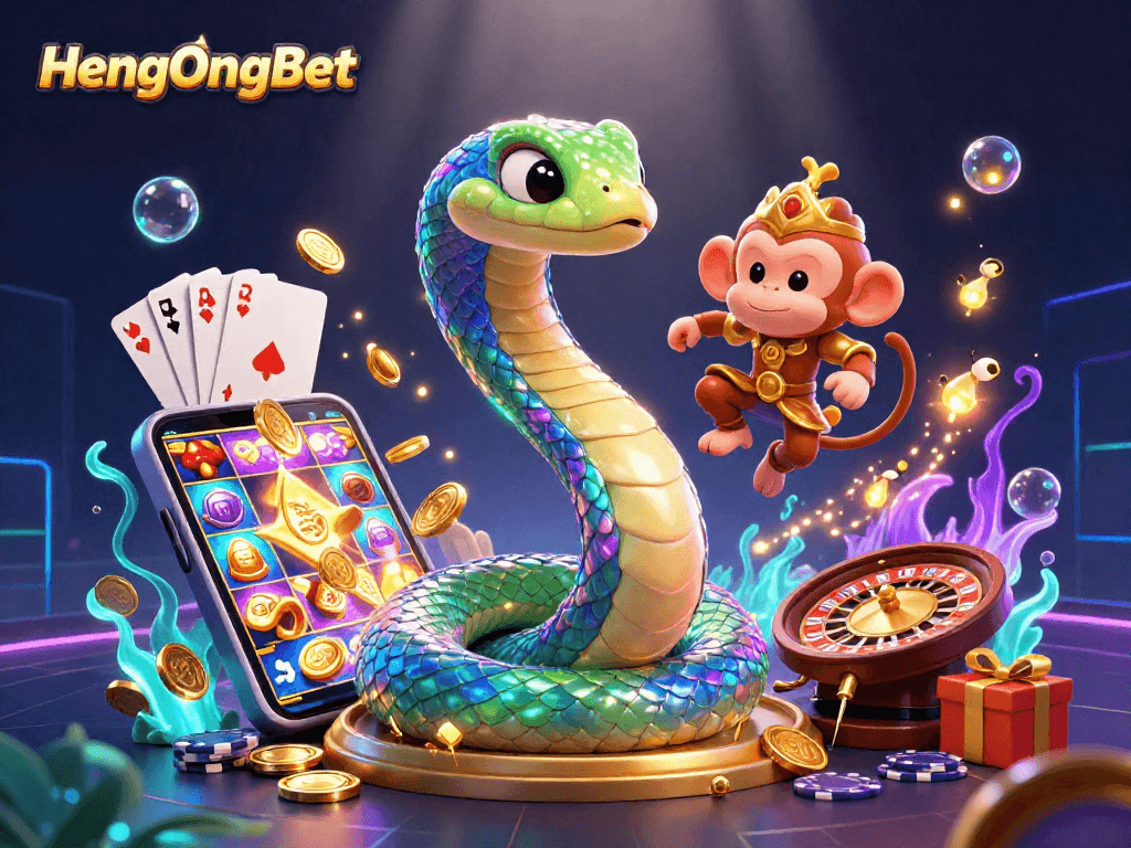 Experience immersive gaming with HengOngBet's vibrant casino illustration featuring mythical characters.
