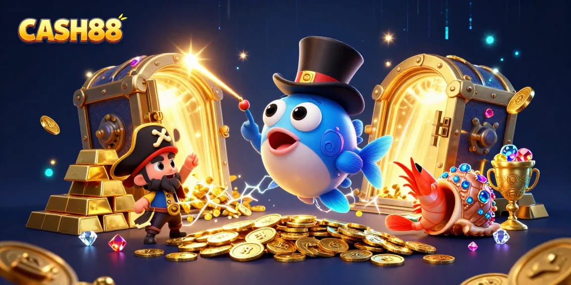 Experience the excitement of CASH88 with a vibrant underwater casino scene featuring glowing treasures and adventurous characters.