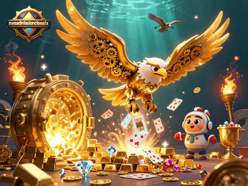nvsadmissionclasssix showcases a vibrant 3D illustration of a golden eagle diving through holographic cards in a casino-themed environment.