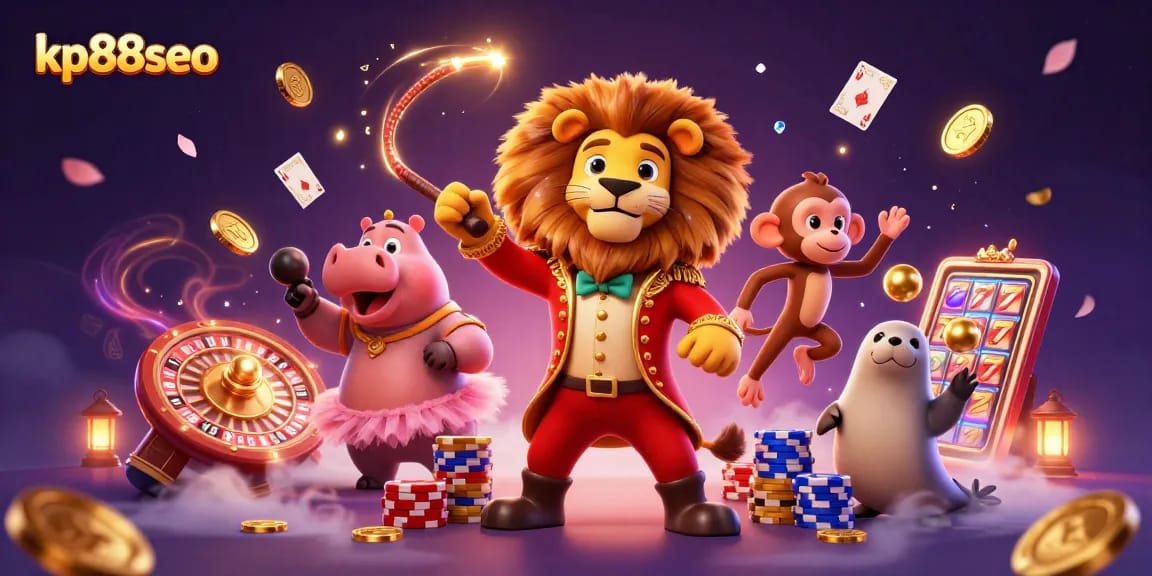 Experience thrilling gameplay with KP88SEO's vibrant 3D casino illustration, featuring lively characters amidst dynamic gaming elements.