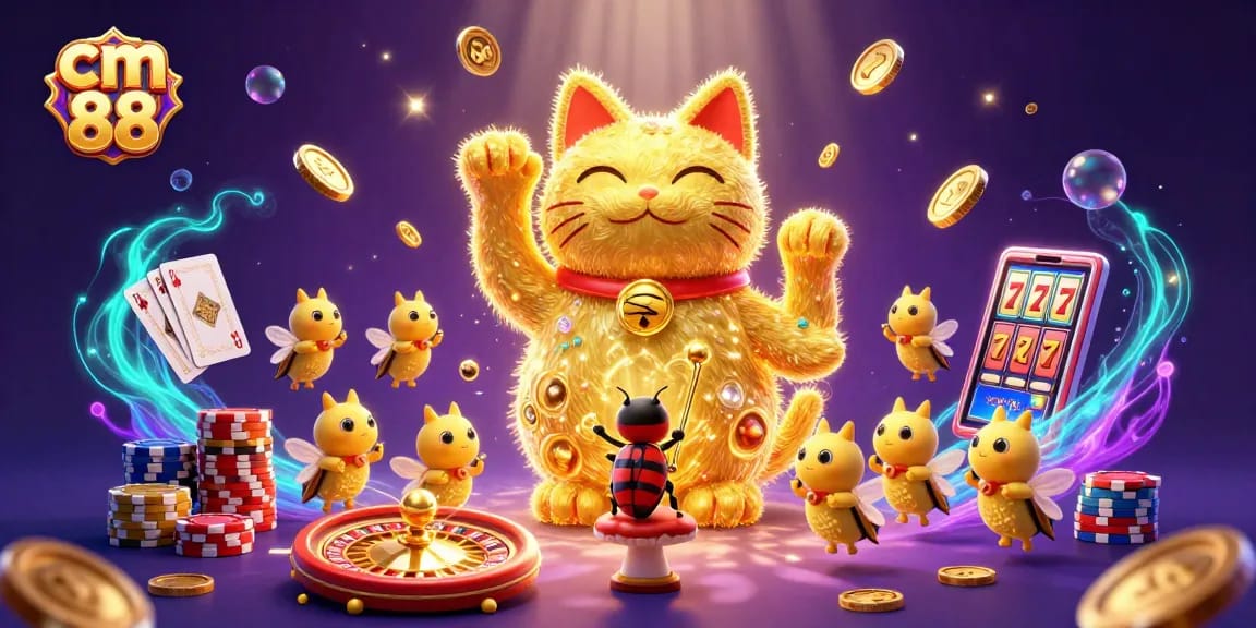 Win exciting games at cm 88 featuring a giant lucky cat, spinning roulette, and vibrant casino elements.