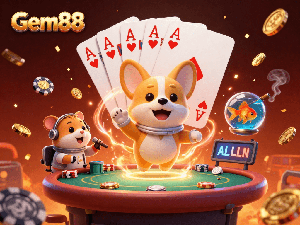 Engage in thrilling action at Gem88 with astronaut corgi, poker chips, and a mission-control hamster.