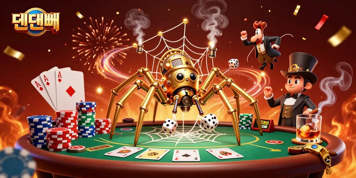 Experience the excitement at 텐텐벳 with a steampunk spider, poker elements, and vibrant celebration.