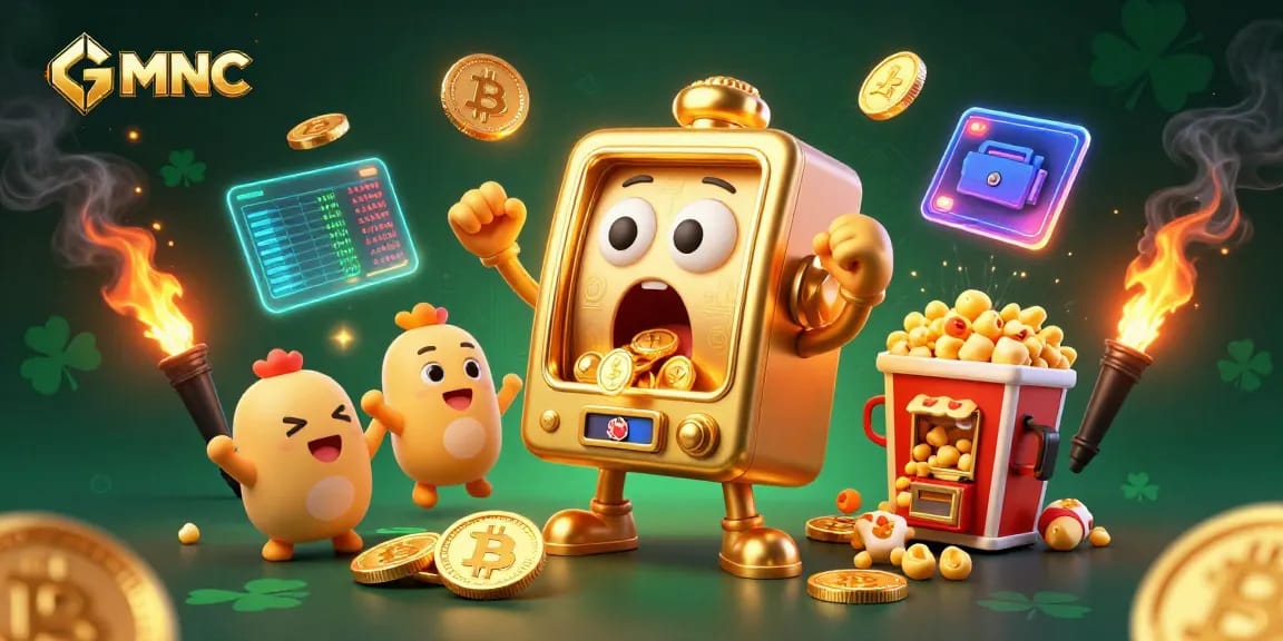 GMNC slot machine wins jackpot amidst crypto coins and baby machines in vibrant casino scene.