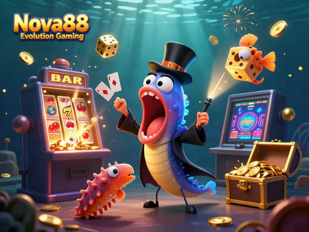 Engage with the exciting Nova88 Evolution Gaming experience featuring unique characters and vibrant casino elements.