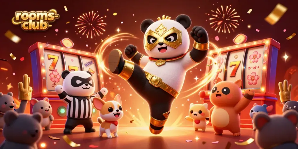 Geng pemenang di rooms-club, ruang permainan slot yang meriah dengan banyak elemen menarik.