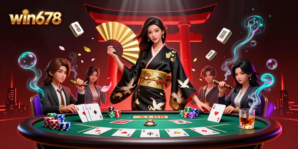 Experience excitement with win678 as an elegant woman reveals her winning hand at a vibrant casino.