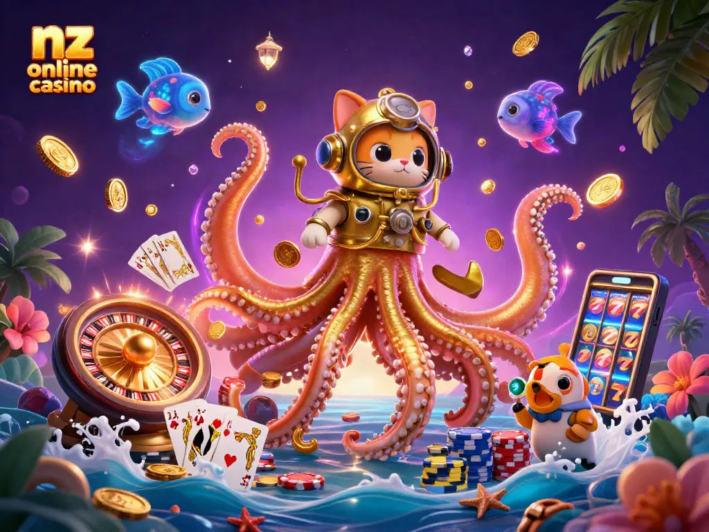 Engage in nz online casino adventures with a kraken, diving cat, and glowing fish.