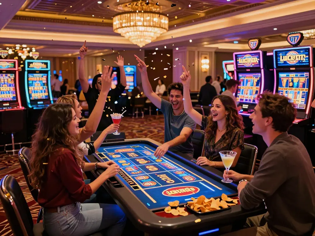 Friends enjoying the Lucky777 gaming experience at a vibrant casino.