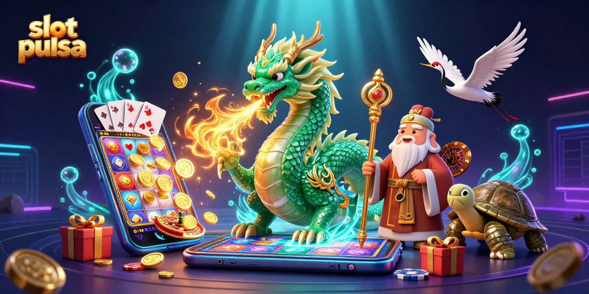 Engage in thrilling slot pulsa games with a vibrant 3D illustration of colorful casino elements.