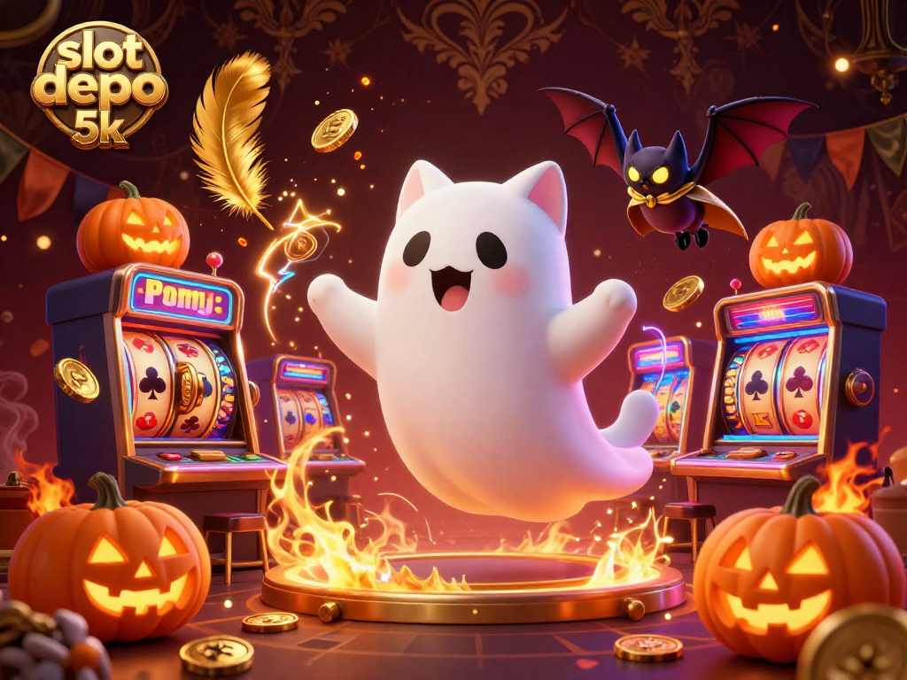 Experience excitement at slot depo 5k with an interactive ghostly cat and vibrant casino elements.