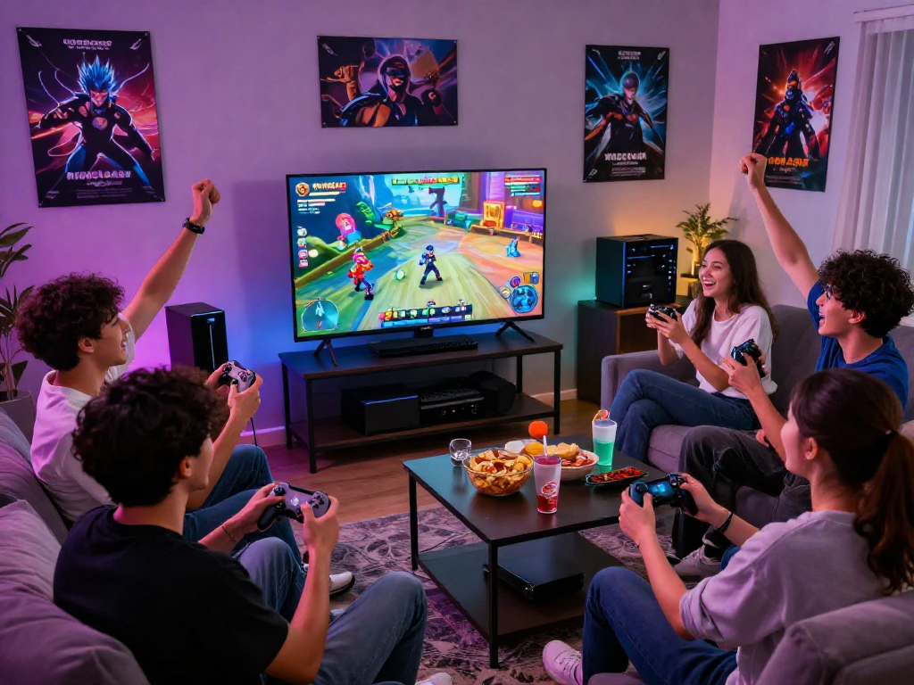 Friends enjoying MPOCASH games in an energetic gaming scene with vibrant screens.