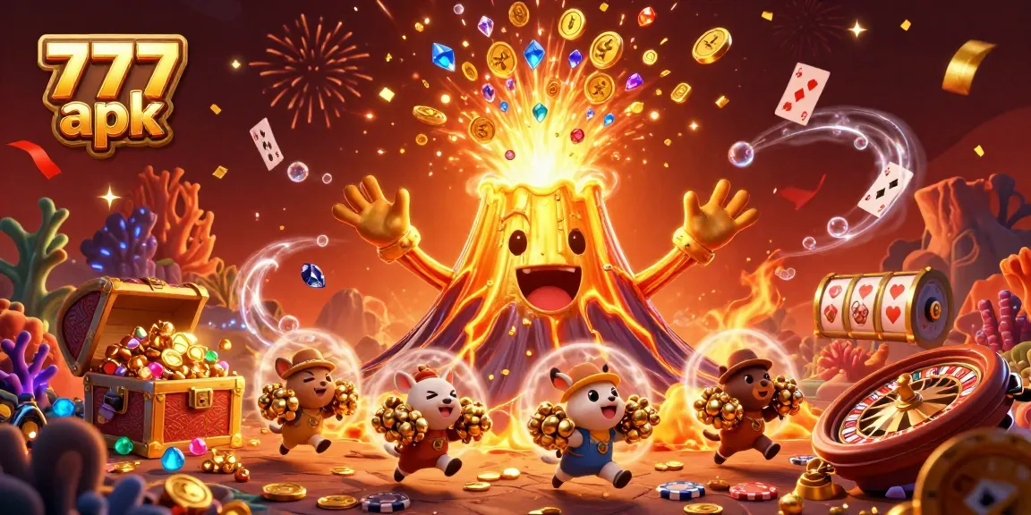 Experience thrilling wins with the 777 apk as a golden volcano erupts in treasure, perfect for jackpot seekers.