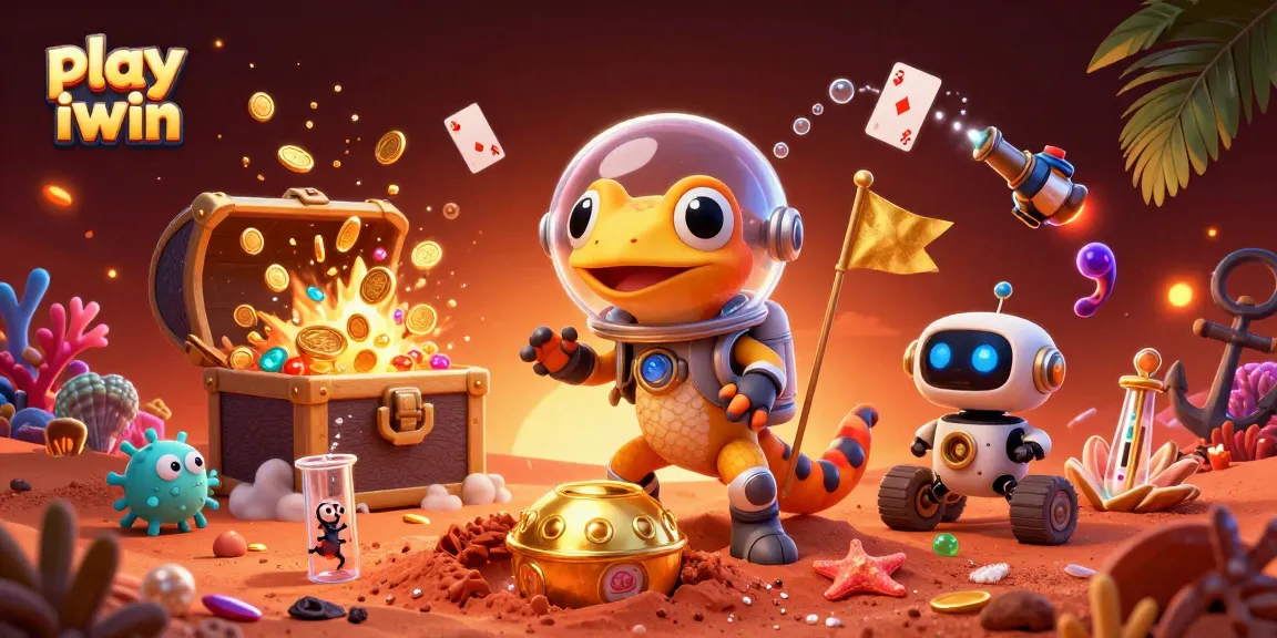 Play iwin with a Martian gecko exploring a buried casino, vibrant gaming elements included.