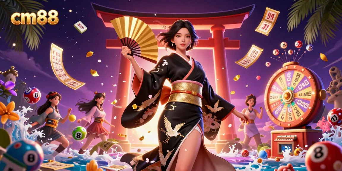 Experience the excitement of cm88's vibrant online games with colorful lottery balls and a stunning Asian character.