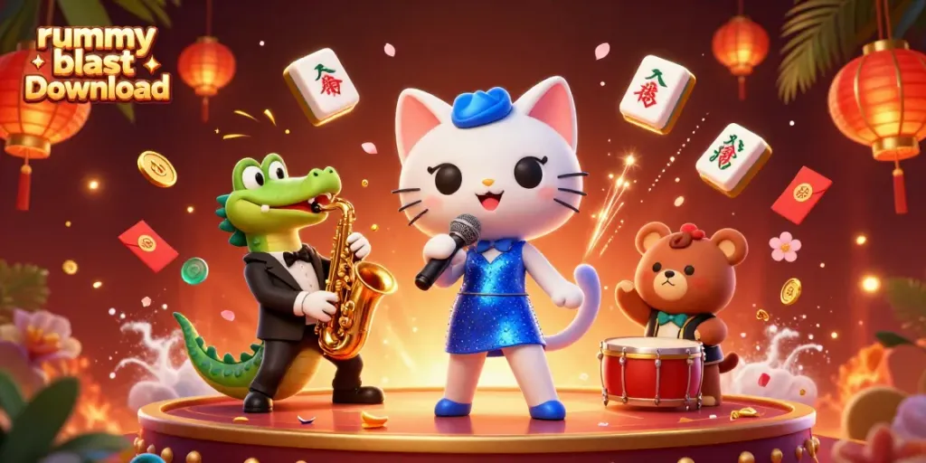 Engage with thrilling online play at rummy blast download featuring vibrant cartoon characters in a dynamic casino environment.
