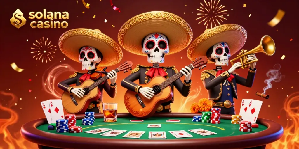 Experience winning at a solana casino with vibrant mariachis celebrating around a poker table.